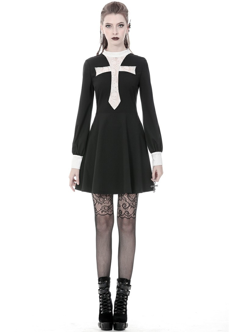 Black and White Vintage Gothic Skull Cross Long Sleeve Short Dress