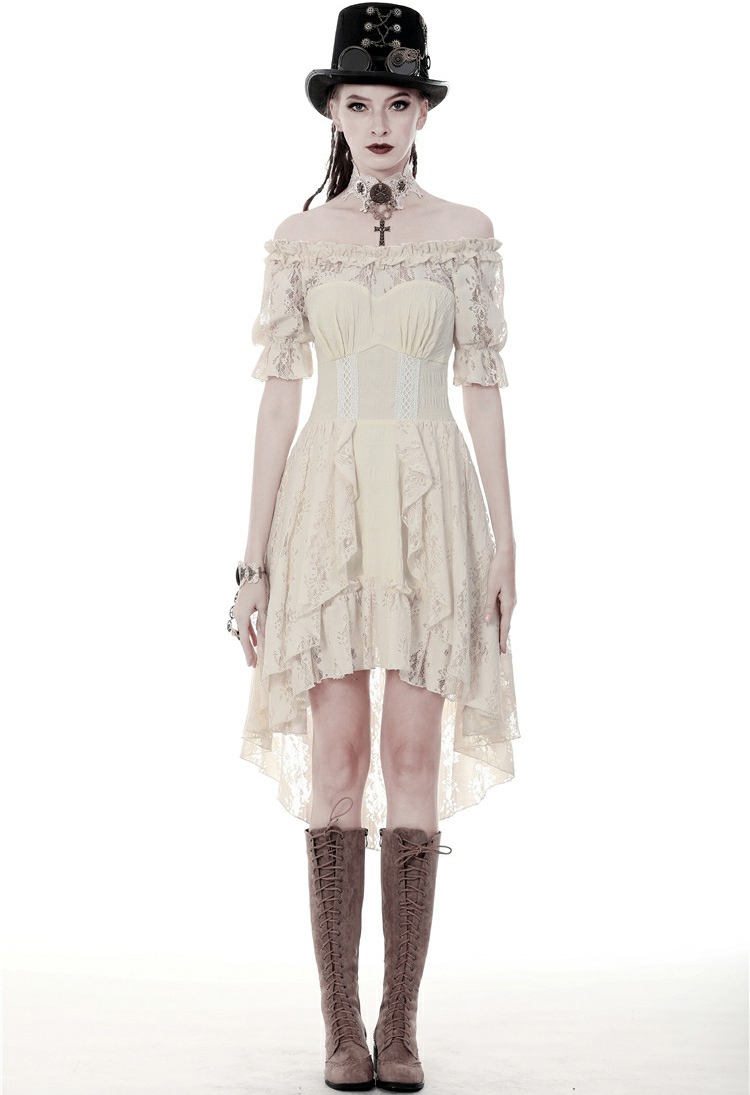 Ivory Steampunk Lace Short Sleeve High-Low Dress