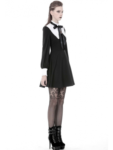 Black and White Gothic Cross Long Sleeve Short Dress - Devilnight.co.uk