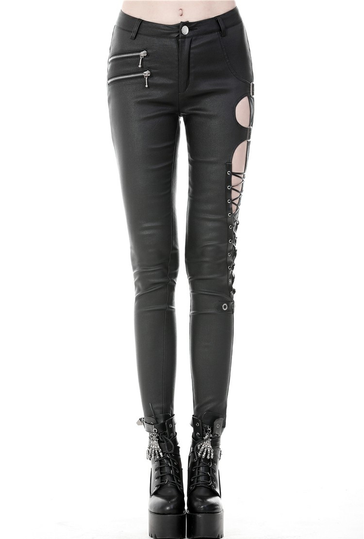 Black Gothic Punk Sexy Asymmetrical PU Leather Trousers for Women