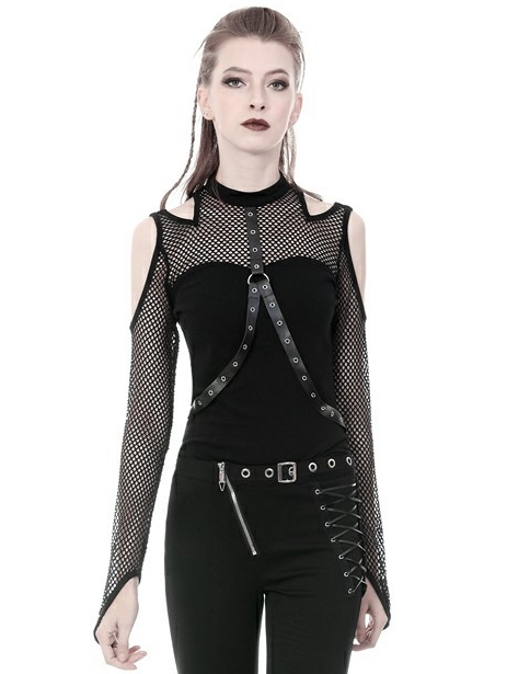 Black Gothic Punk Belt Off-the-Shoulder Long Sleeve T-Shirt for Women