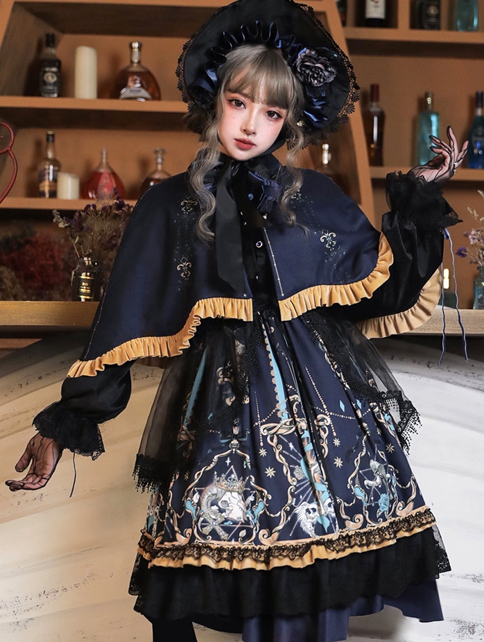 Black Dark Tea Party Gothic Lolita OP Dress with Detachable Cape