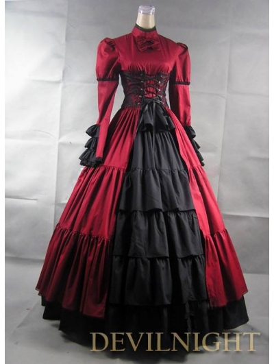 Red and Black Long Sleeves Masquerade Gothic Ball Gowns - Devilnight.co.uk