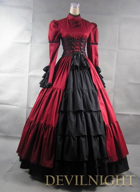 Red and Black Long Sleeves Masquerade Gothic Ball Gowns