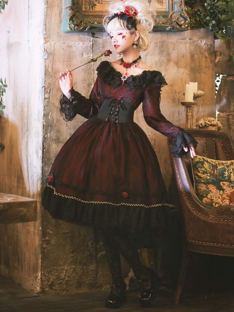 The Dusk Lady Elegant Black and Red Lace Gothic Lolita OP Dress