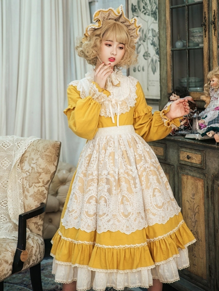 The Doll In Box Yellow Long Sleeve Cotton Classic Lolita OP Dress ...