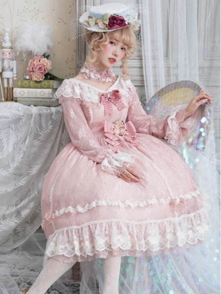 The Dawn Lady Pink Elegant French Lace Long Sleeve Classic Lolita OP ...