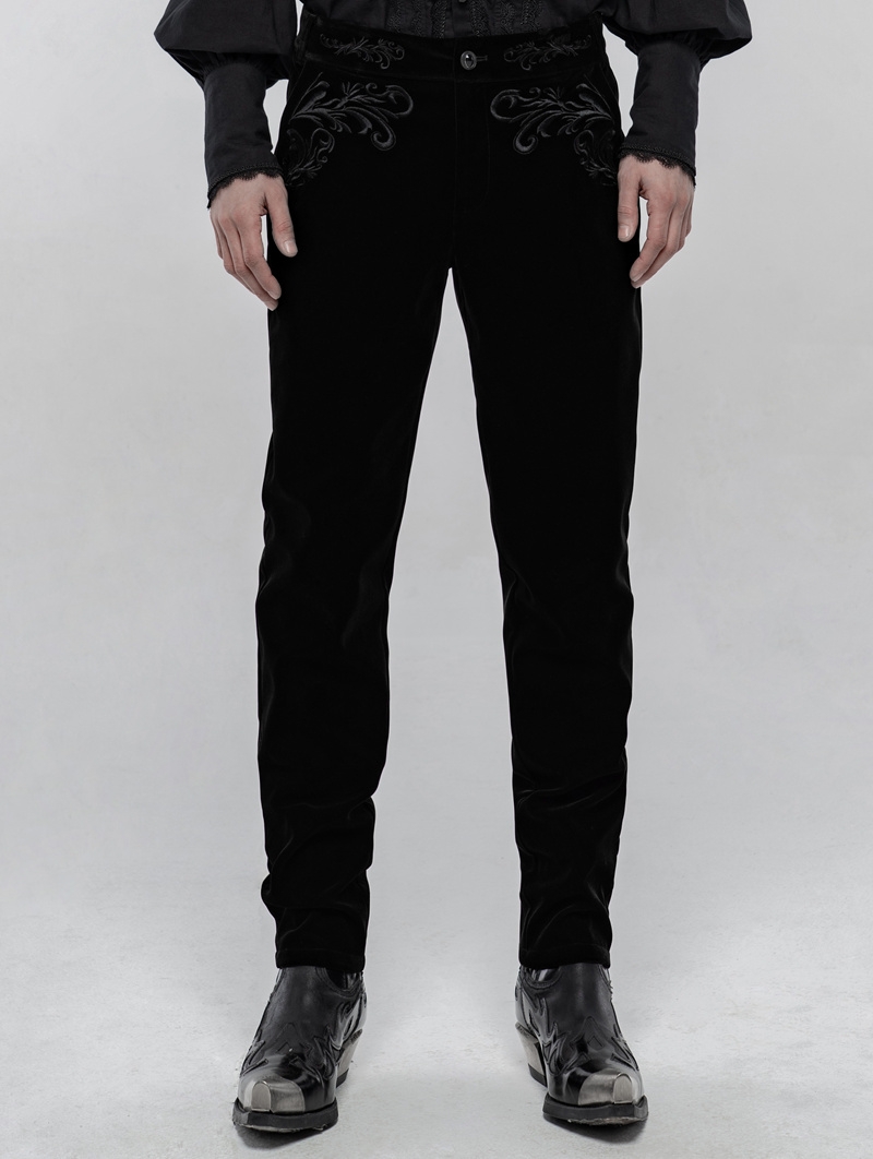 Black Retro Gothic Embroidered Trousers for Men