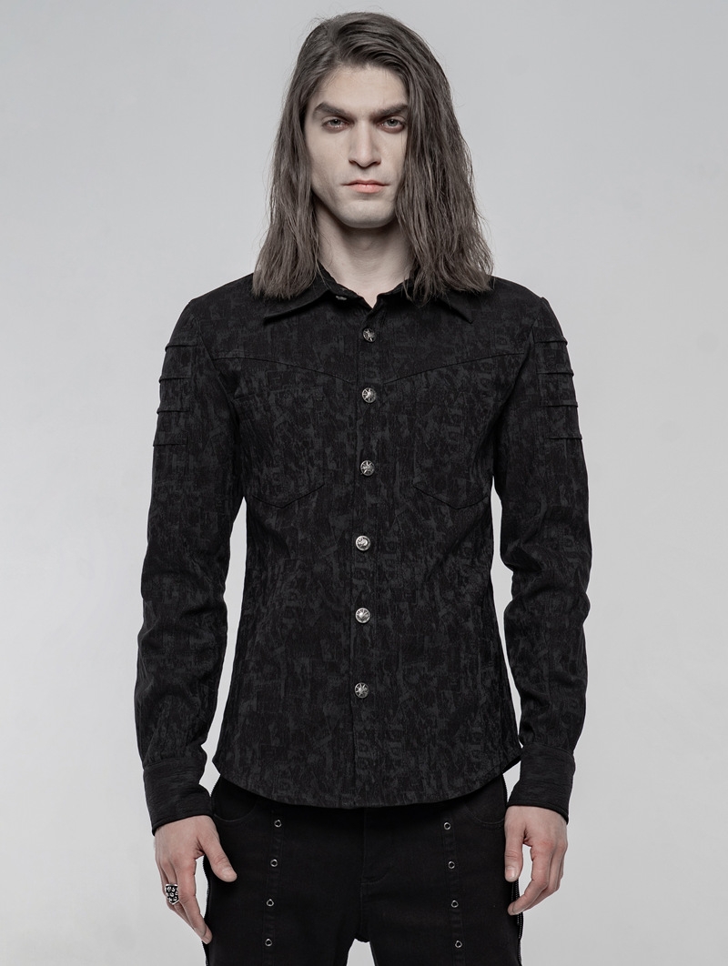 Black Gothic Punk Jacquard Long Sleeve Shirt for Men