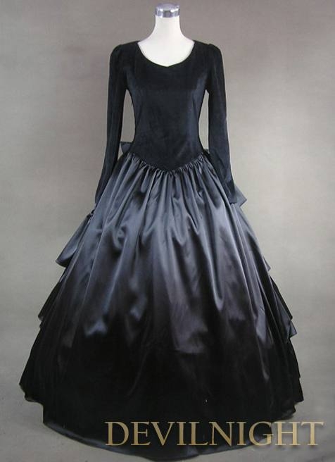 Vintage Black Velvet and Satin Simple Gothic Ball Gowns