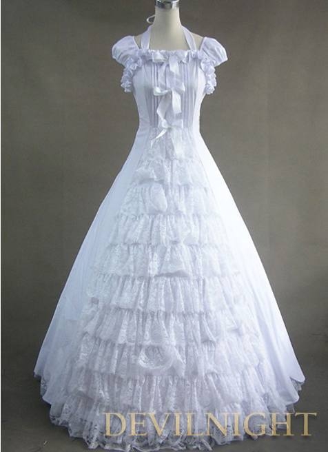 Classic White Lace and Bow Gothic Victorian Dress