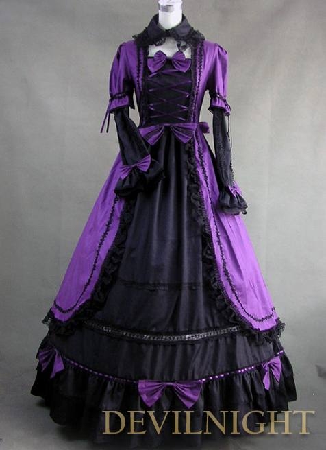 Romantic Purple and Black Long Sleeves Masquerade Gothic Victorian Dress