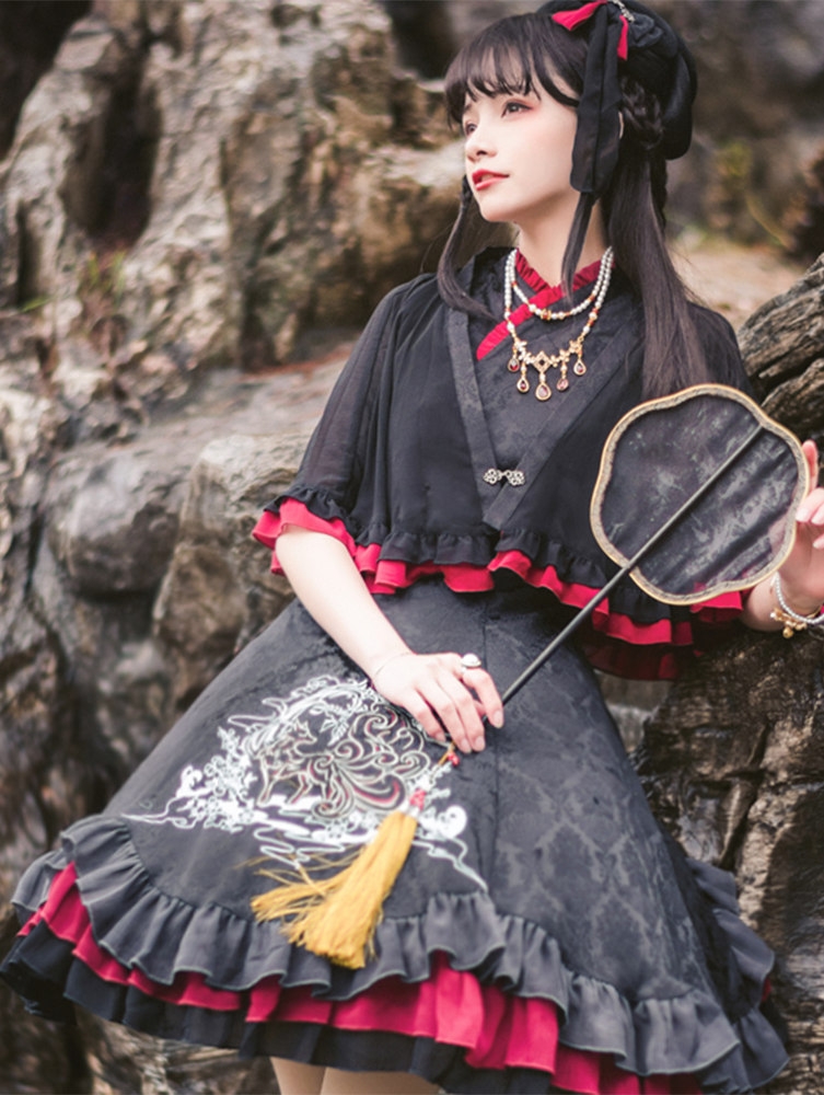 The Nine-Tailed Fox Chinese Style Black Lolita JSK Dress Set