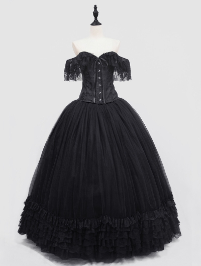 Romantic Black Off-the-Shoulder Gothic Lace Corset Long Prom Ball Dress ...