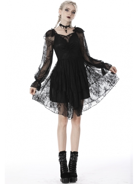 Black Gothic Elegant Long Sleeve Lace Midi Dress ...