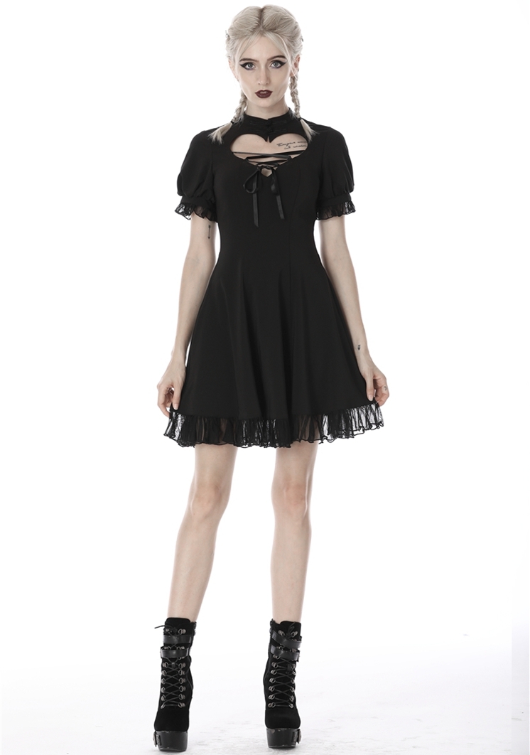 Black Gothic Girl Short Sleeve Heart Midi Dress