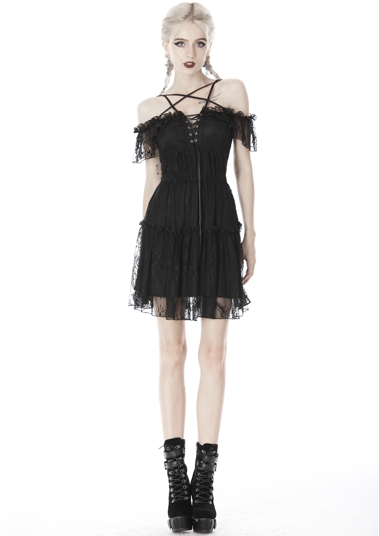 Black Gothic Off-the-Shoulder Lace Pentagram Short Dress