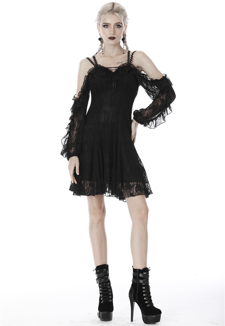 Black Gothic Off-the-Shoulder Long Sleeve Lace Short Dress