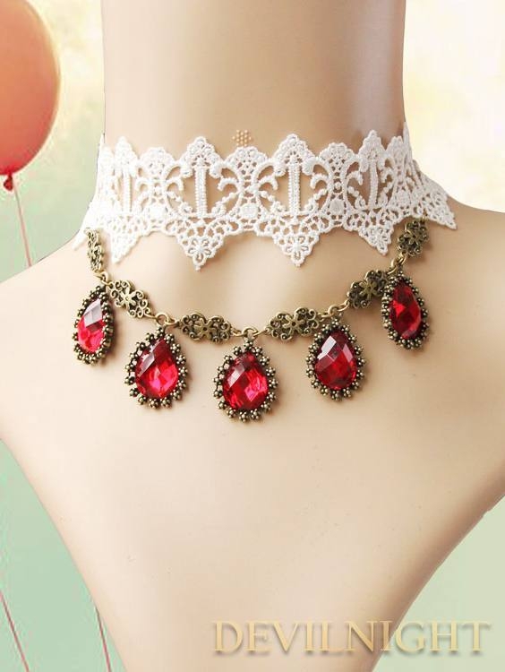 White Lace Red Pendants Gothic Necklace