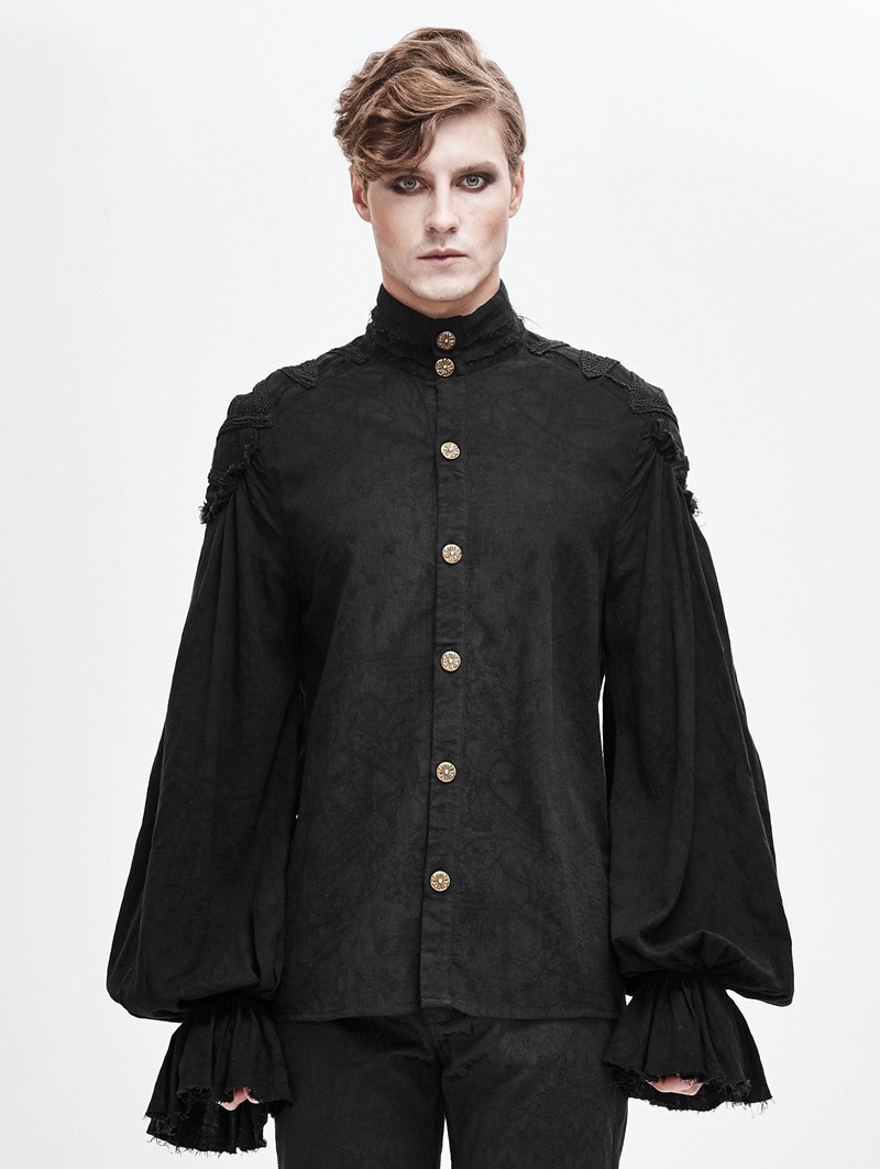 Black Gothic Vintage Jacquard Long Lantern Sleeve Shirt for Men