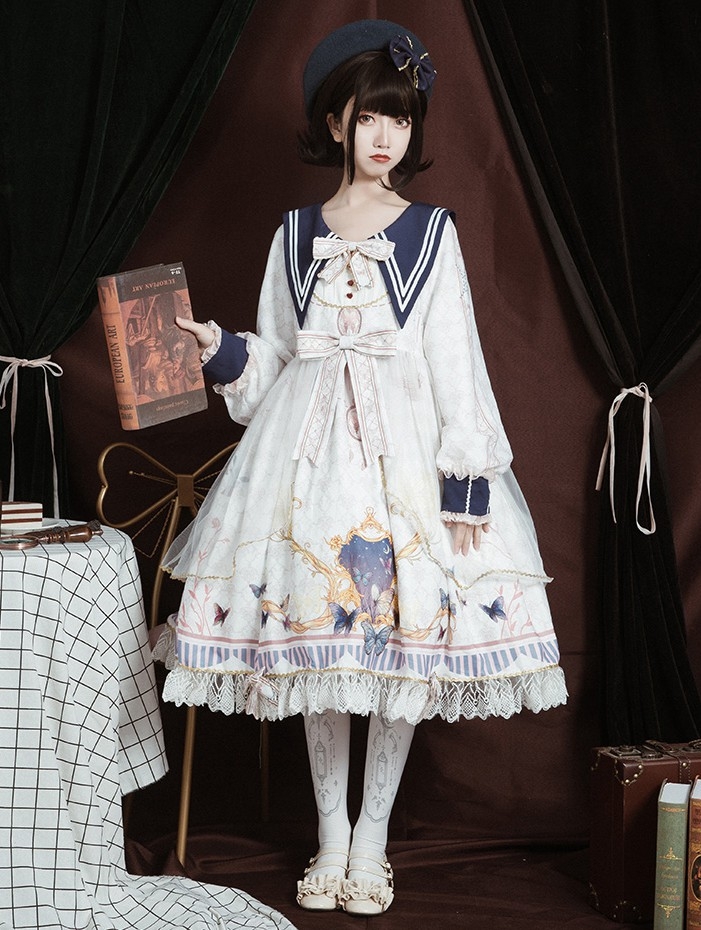 Flying butterflies White Preppy Style Long Sleeve Lolita OP Dress