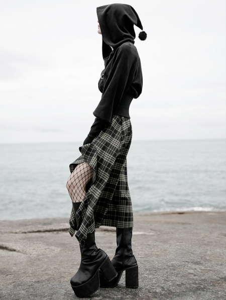 Black Street Fashion Gothic Grunge Velvet Hooded Short Casual Jacket ...