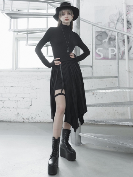 Black Street Fashion Gothic Grunge Velvet Irregular Pleated Casual ...