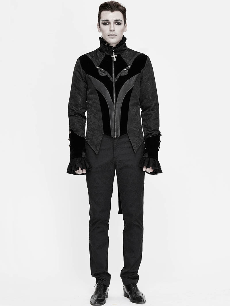 Black Retro Gothic Jacquard Velvet Party Swallow Tail Coat for Men