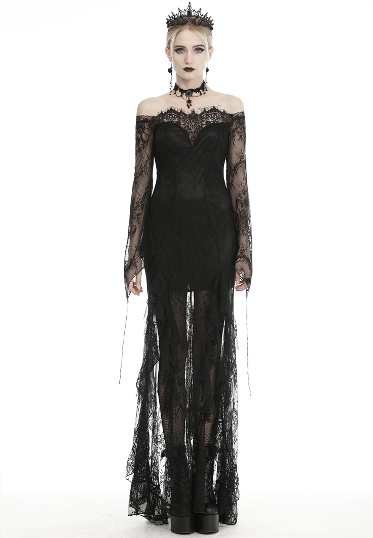 Black Romantic Gothic Lace Off-the-Shoulder Long Fishtail Dress