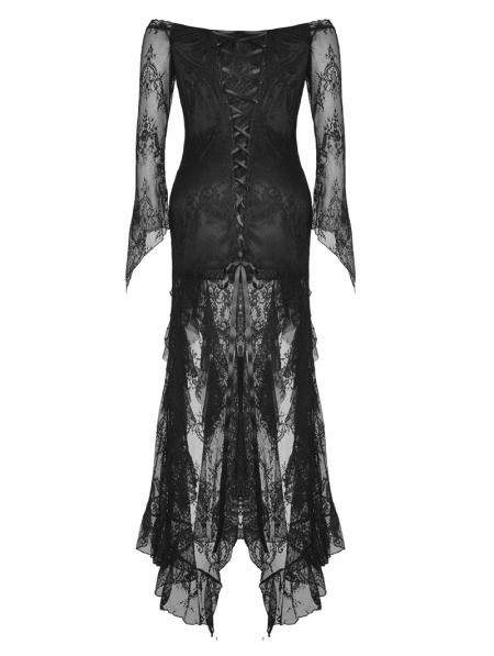 Black Romantic Gothic Lace Off-the-Shoulder Long Fishtail Dress ...