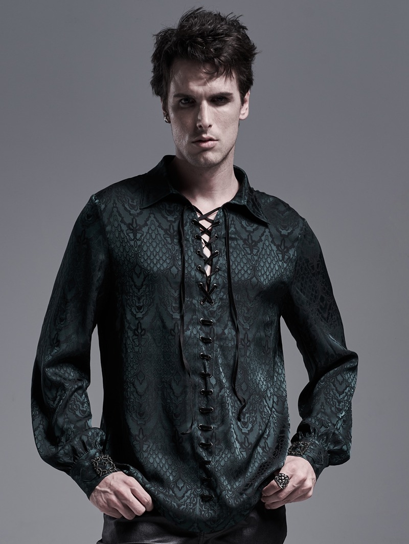 Dark Green Gothic Jacquard Long Sleeve Casual Shirt for Men