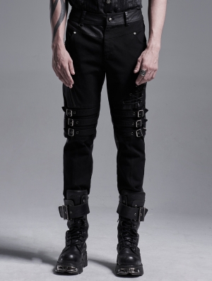 Black Gothic Punk Rivet Long Slim Trousers for Men