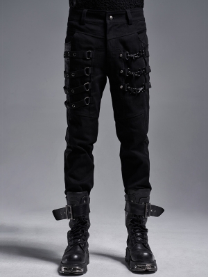 Black Gothic Punk Metal Long Slim Trousers for Men
