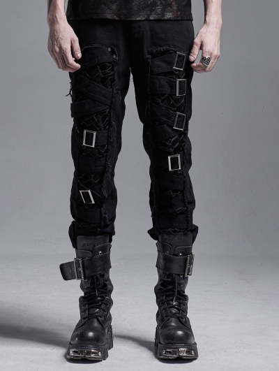 Black Gothic Punk Metal Long Casual Pants for Men - Devilnight.co.uk
