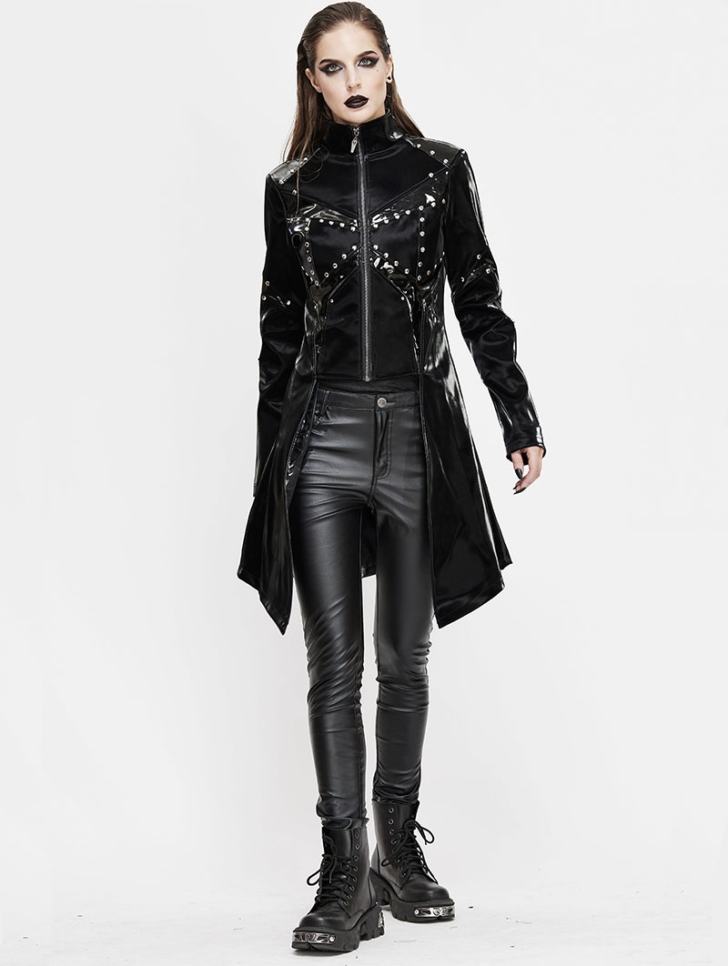 Black Gothic Punk Rivet Splicing Long Sleeve PU Jacket for Women