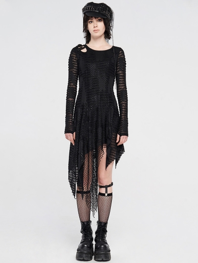 Black Gothic Grunge Long Sleeve Irregular Dark Striped Hole Dress