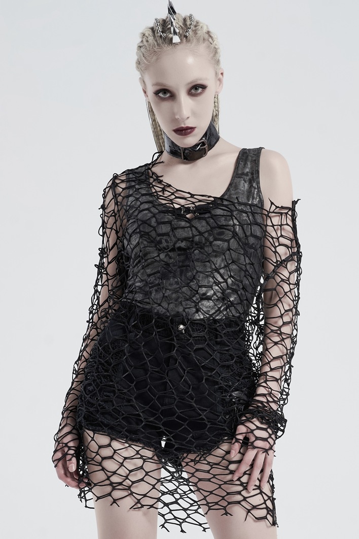 Black Gothic Punk Daily Wear Big Mesh T-Shirt for Women