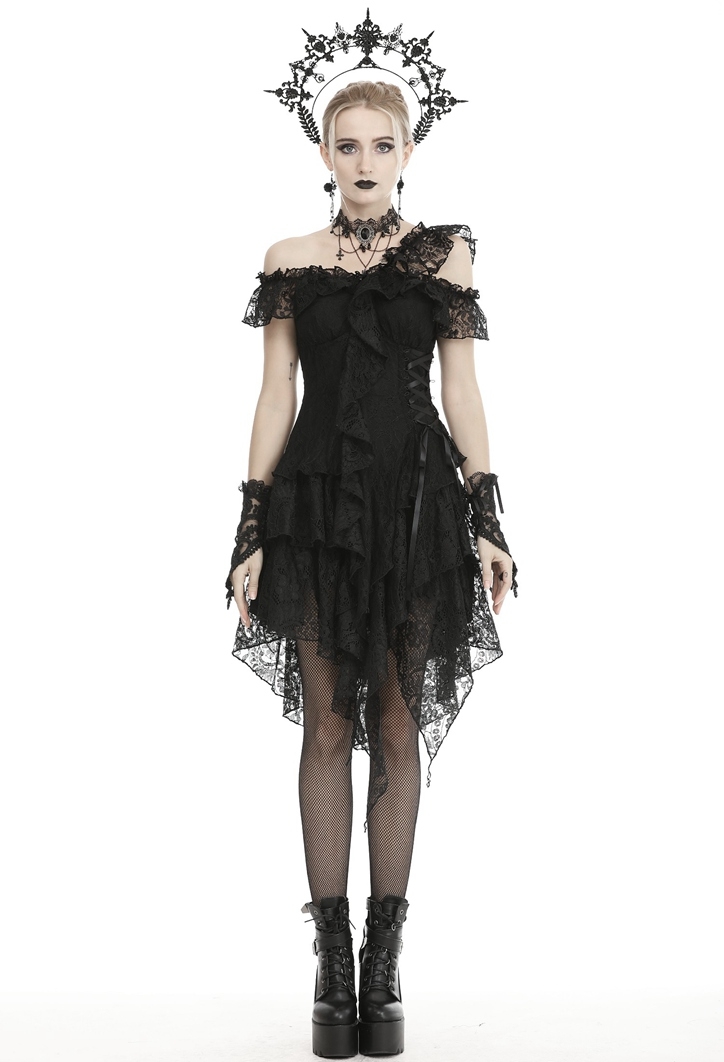 Black Gothic Off-the-Shoulder Lace Irregular Short Party Dress