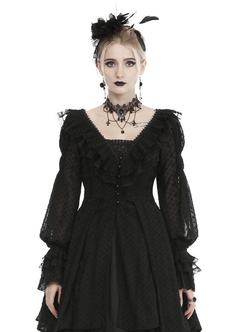 Black Vintage Gothic Dot Chiffon Dress Coat for Women