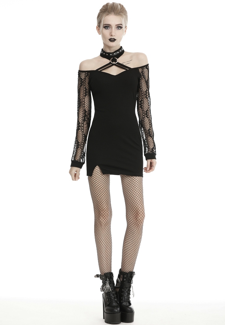 Black Sexy Gothic Grunge Punk Off-the-Shoulder Long Sleeve Mini Dress