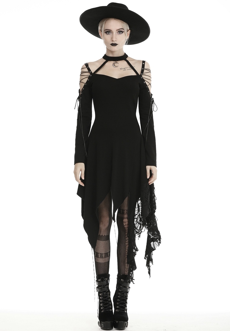 Black Gothic Grunge Off-the-Shoulder Irregular Long Sleeve Daily Wear Dress 