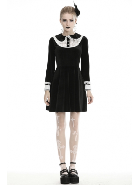 Black and White Cute Gothic Velvet Long Sleeve Short Casual Dress ...