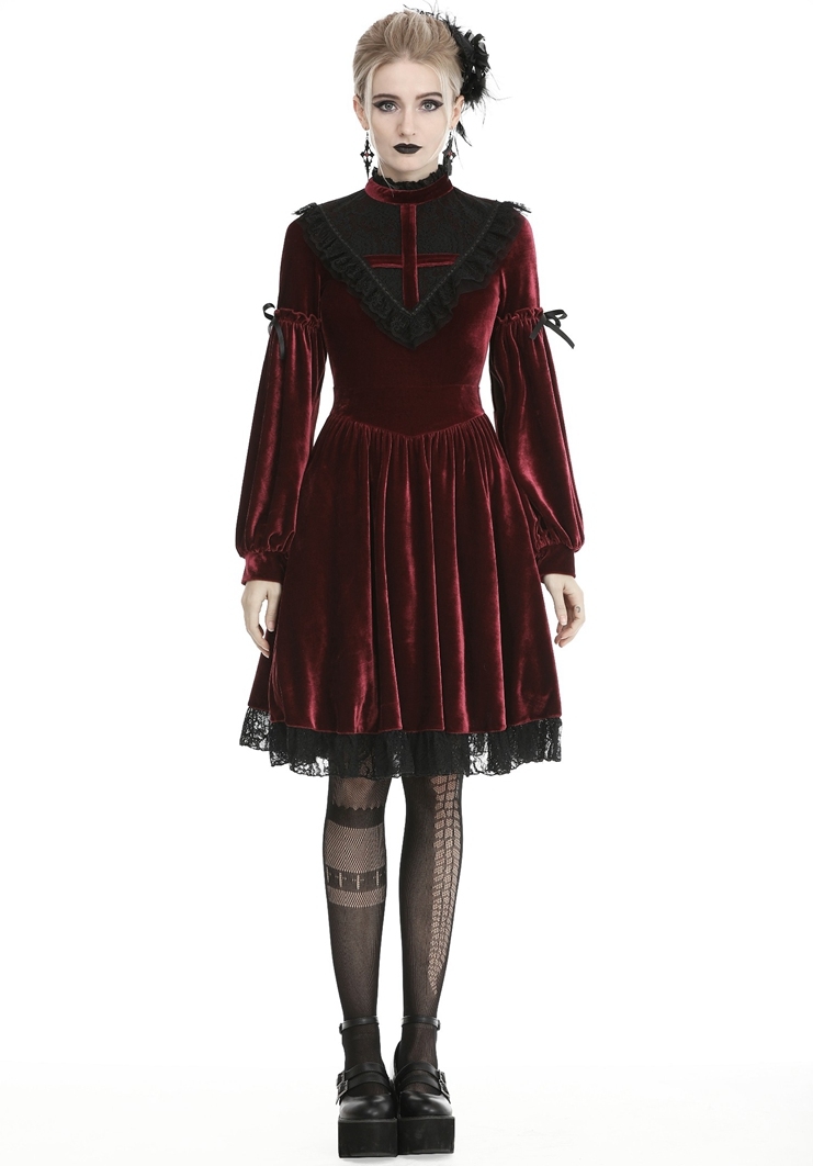 Dark Red Gothic Velvet Cross Long Lantern Sleeve Midi Dress