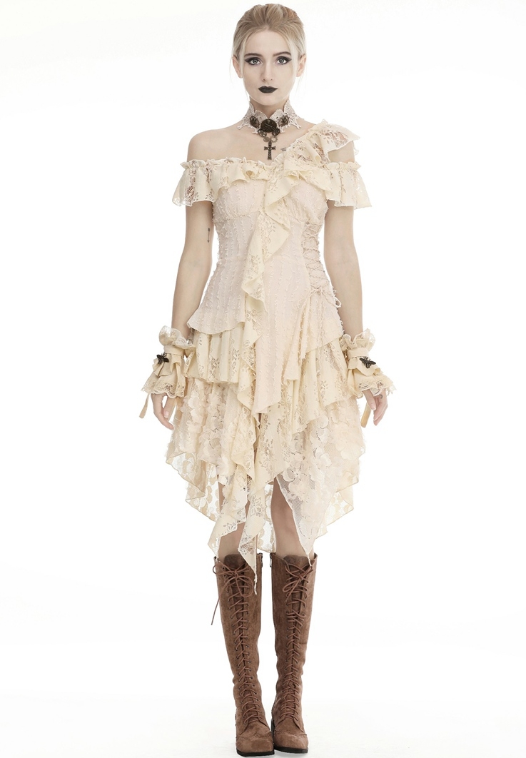 Ivory Steampunk Gothic Asymmetric Frilly Lace Dress