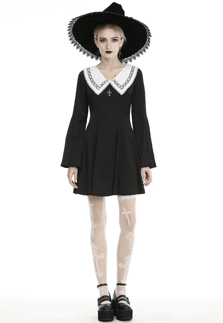 Black and White Cute Gothic Grunge Long Sleeve Short Daily Wear Dress 