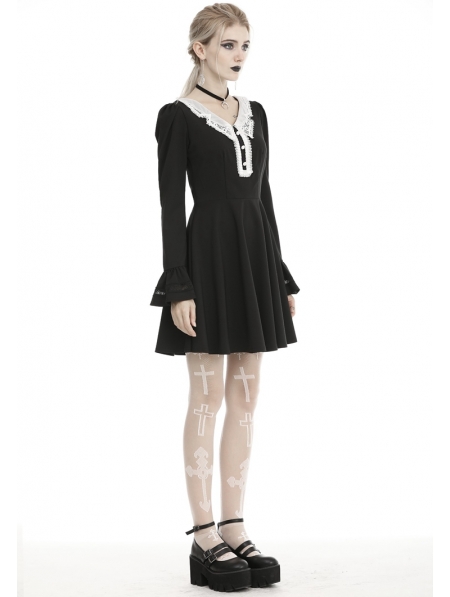 Black and White Gothic Grunge Long Sleeve Daily Wear Short Dress ...