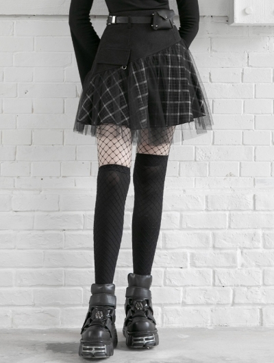 Black and White Street Fashion Grunge Gothic Plaid Gauze Mini Skirt ...