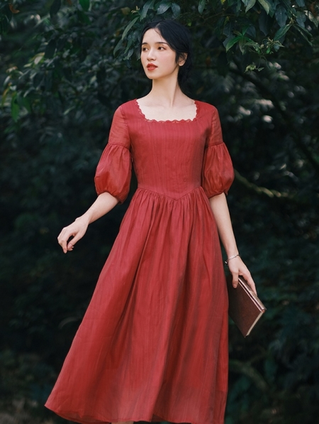 Red Vintage Short Puff Sleeve Medieval Inspried Long Casual Dress ...