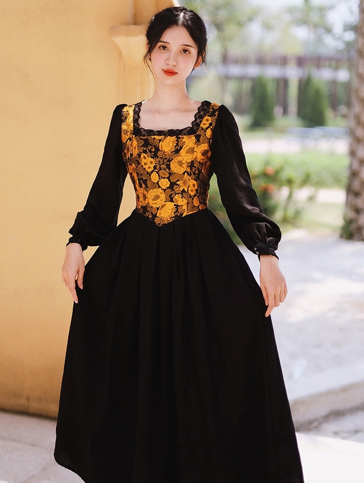 Black Vintage Jacquard Flower Lantern Sleeve Medieval Inspried Long Dress