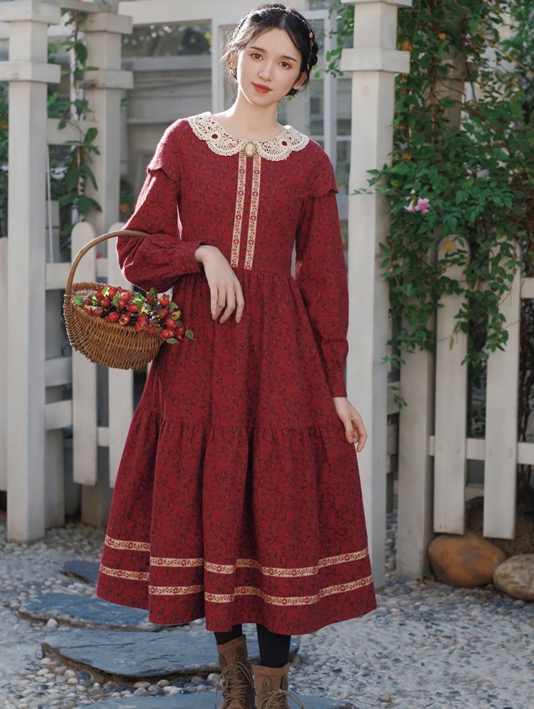 Red Vintage Doll Collar Floral Medieval Inspried Long Dress